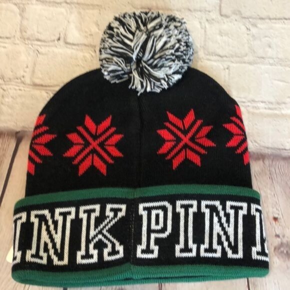 NWT Victorias Secret Pink Knit Hat Beanie Black Red Pom-Pom One Size - Picture 2 of 4